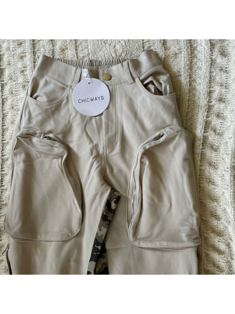 Chicways Beige Army Camo Print Trousers Size Small Women’s Stylish Casual Pants - Picture 5 of 10